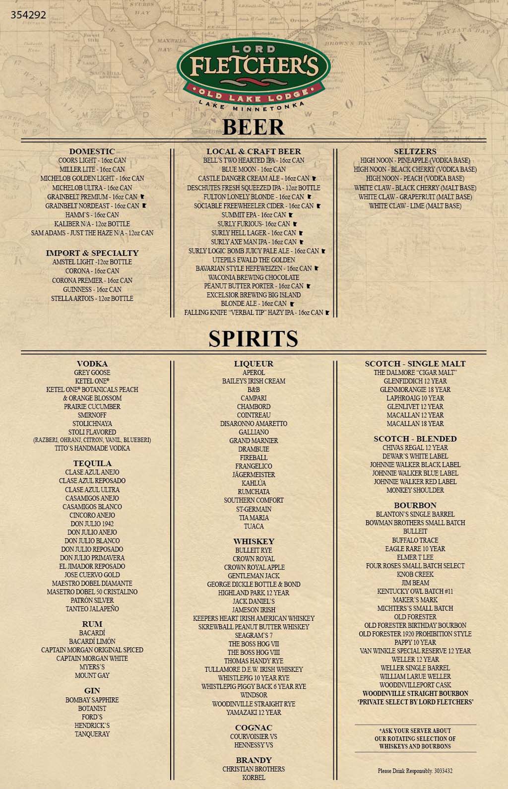 Beer and Spirits Menu