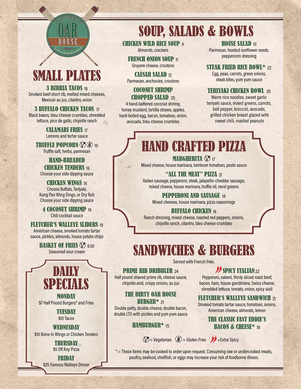 Oar House Menu