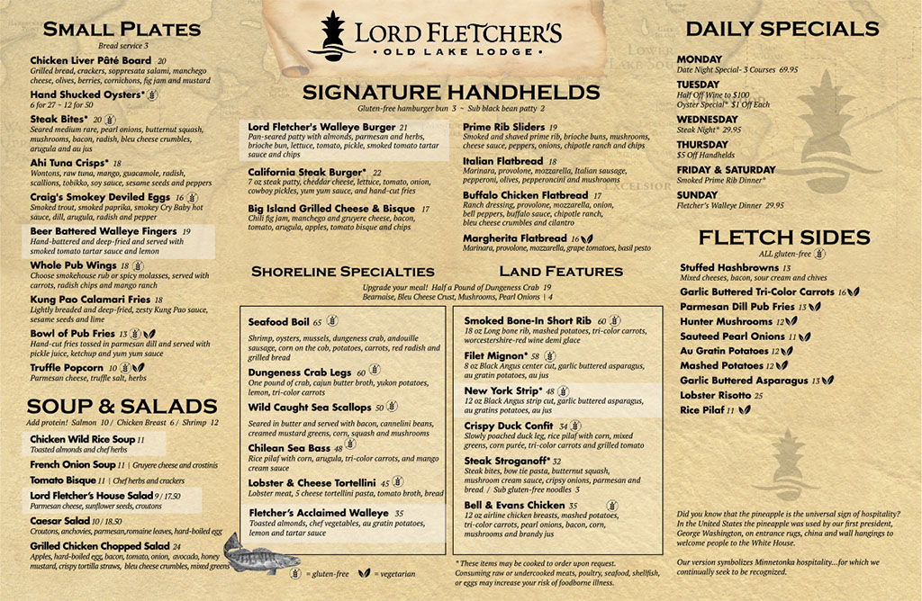 Lord Fletcher's Main Dining Room Menu