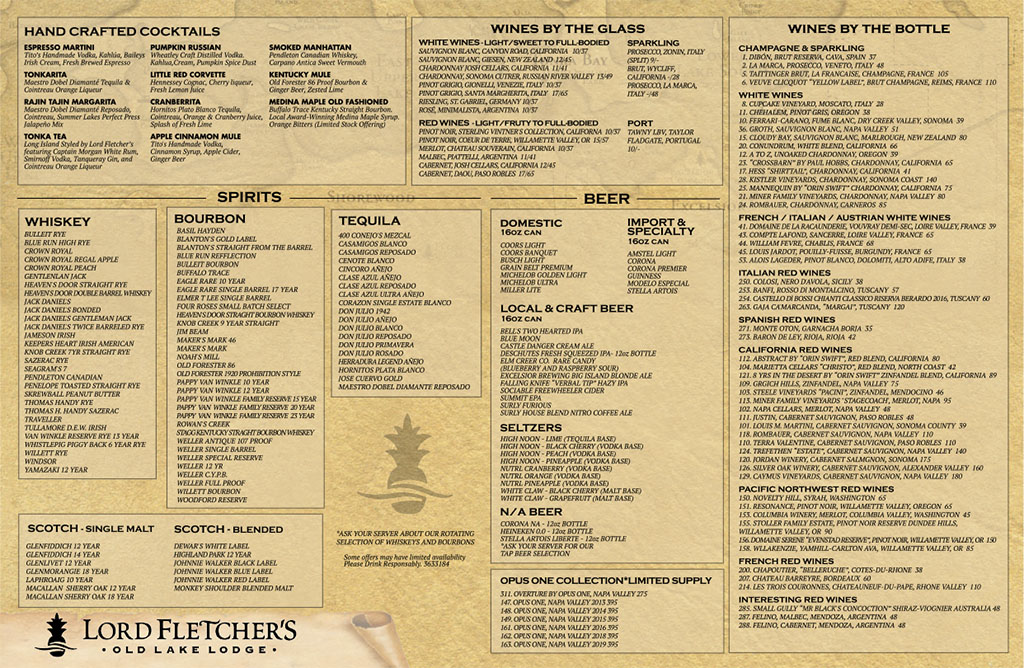 Lord Fletcher's Main Dining Room Menu