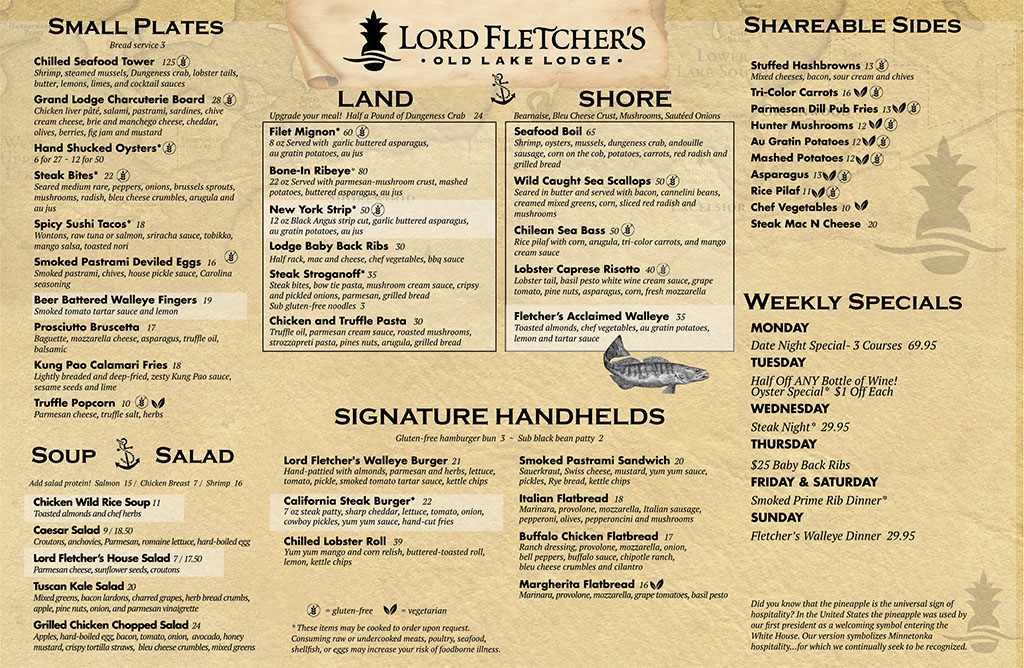 Lord Fletcher's Main Dining Room Menu