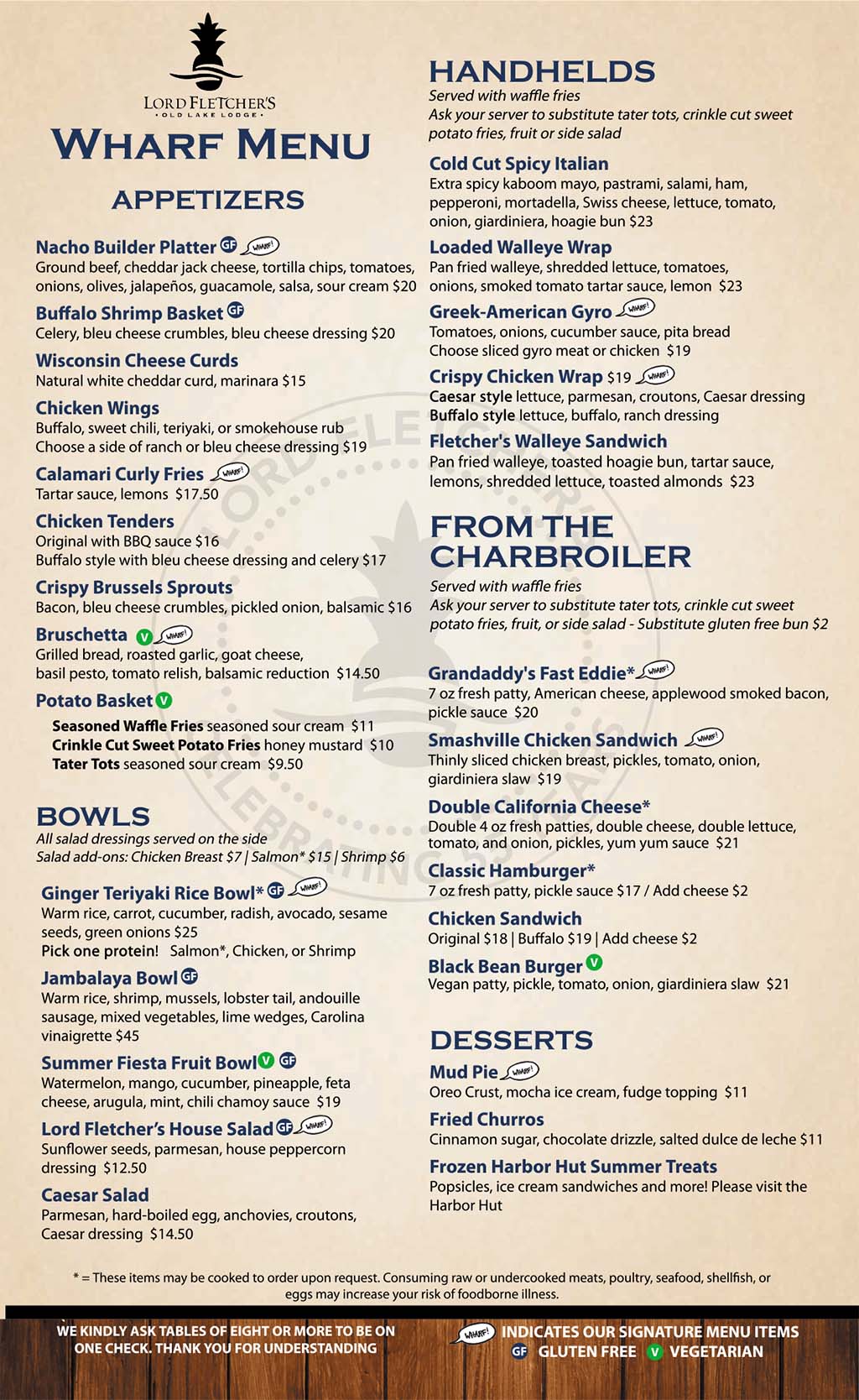 Lord Fletcher's Wharf and Oar House Menu
