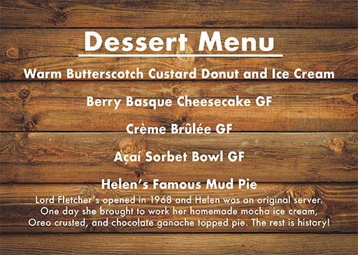 Lord Fletcher's Dessert Menu