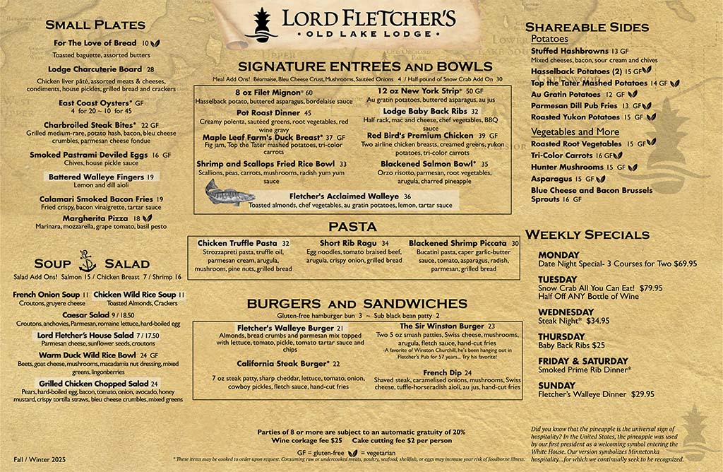Lord Fletcher's Lodge Dining Room Menu