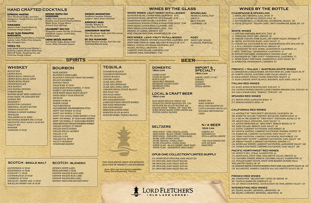 Lord Fletcher's Lodge Dining Room Drinks Menu