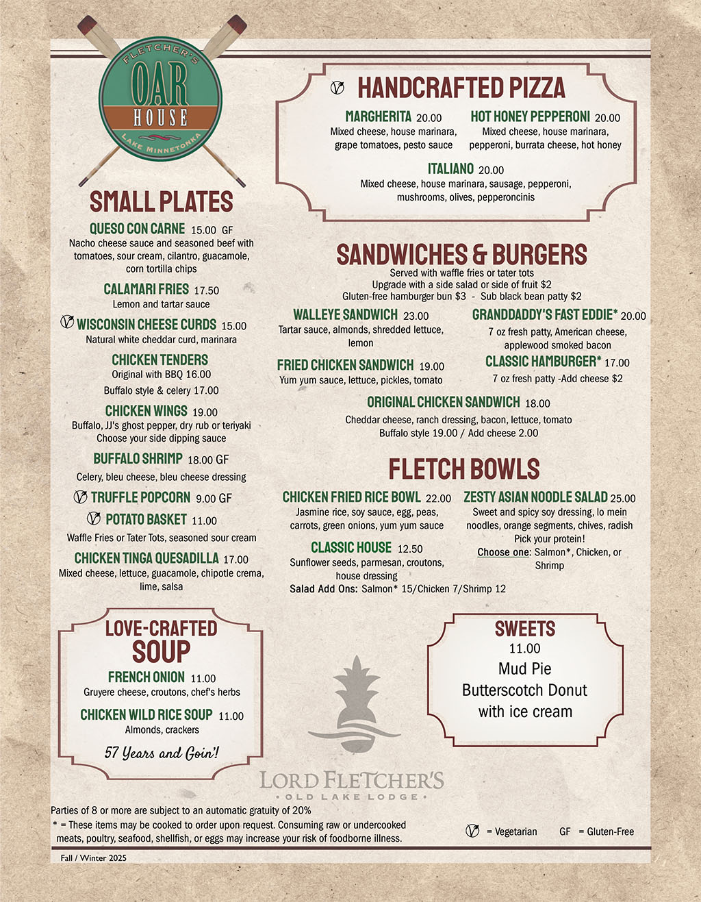 Lord Fletcher's Wharf and Oar House Menu