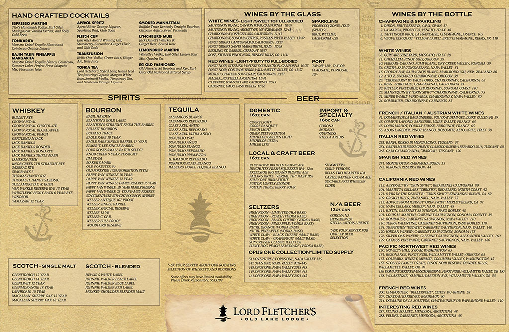 Lord Fletcher's Lodge Dining Room Drinks Menu