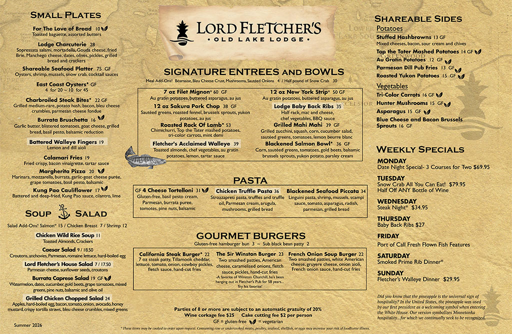 Lord Fletcher's Lodge Dining Room Menu